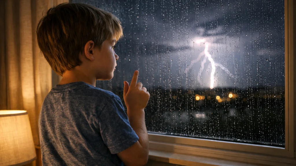 Dijete promatra oluju i broji sekunde između munje i grmljavine