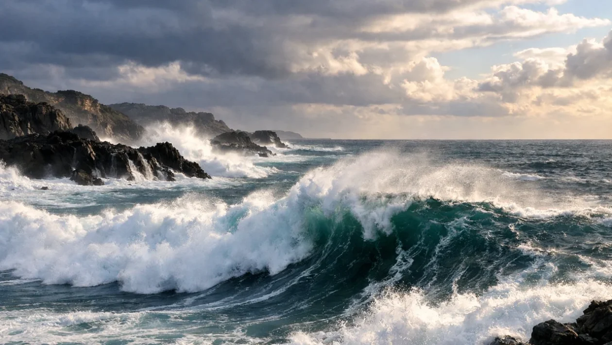Snažni morski valovi koji udaraju o obalu, prikaz energije i snage mora