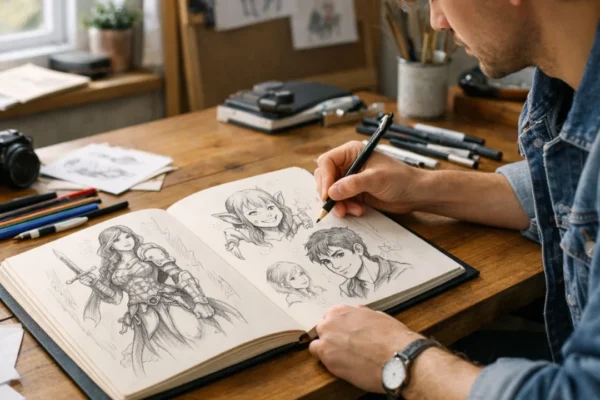 Ilustrator radi na crtanju likova u skicirci u kreativnom studiju