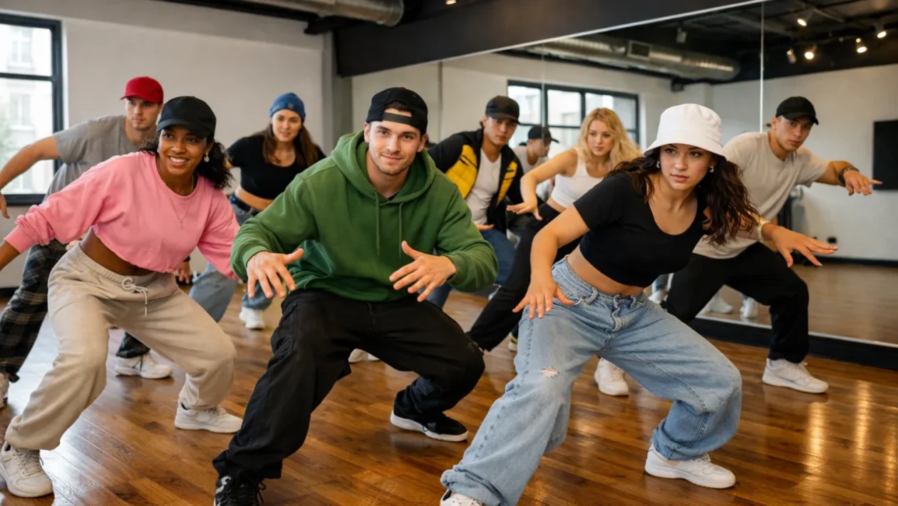 Početnici uče hip hop ples u plesnom studiju