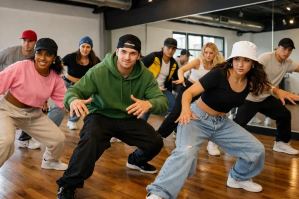 Početnici uče hip hop ples u plesnom studiju