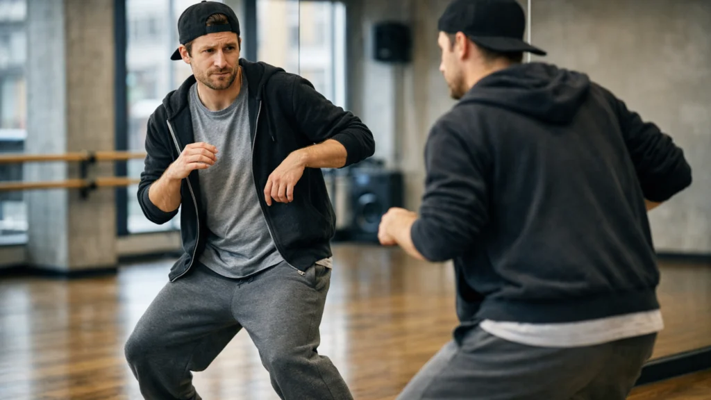 Početnik uči hip hop ples pred ogledalom