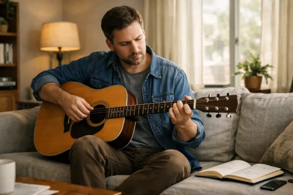 Početnik uči svirati gitaru u dnevnoj sobi – vodič za učenje gitare