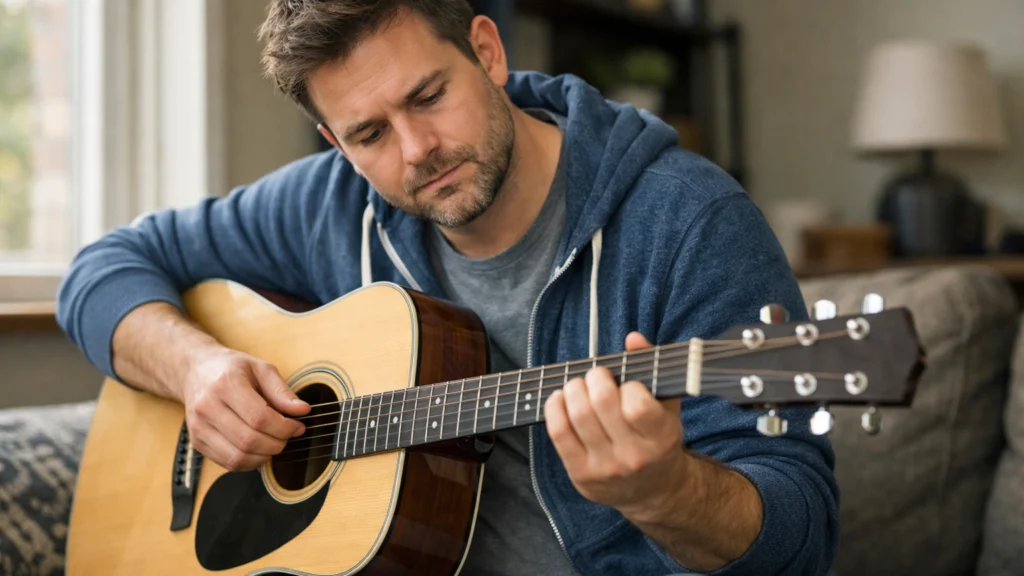 Odrasla osoba razmišlja o učenju sviranja gitare