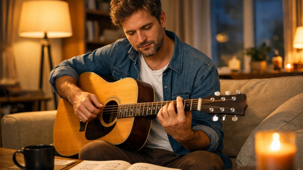 Početnik vježba osnovne akorde na gitari kod kuće