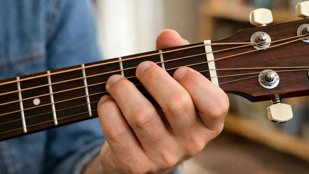 Prsti na hvataljci gitare tijekom vježbanja akorda