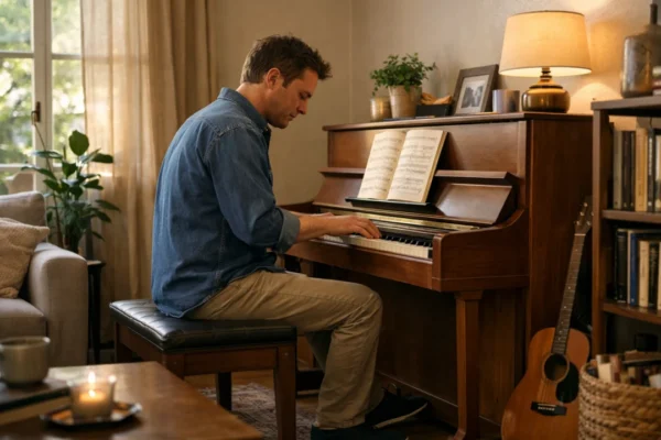 Odrasla osoba uči svirati klavir od početka u kućnom okruženju