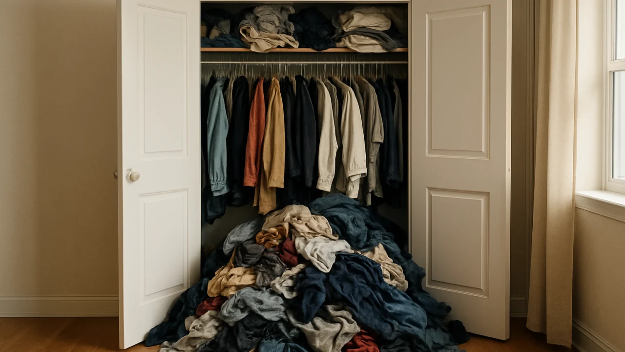 Prenatrpana garderoba u stanu koja pokazuje problem nedostatka prostora