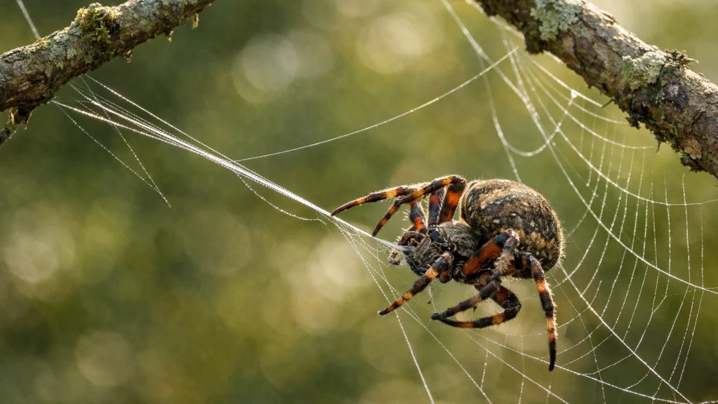 Pauk u procesu gradnje mreže korak po korak u prirodnom okruženju