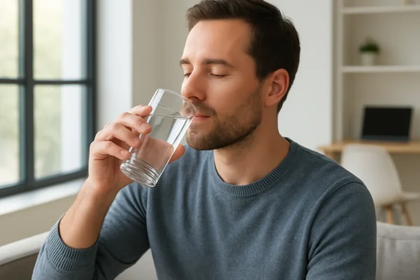 Zdrava osoba pije vodu tijekom dana u ugodnom i opuštenom okruženju