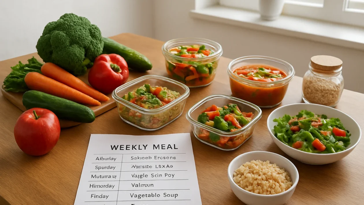 Planiranje zdravih obroka u kuhinji s tjednim jelovnikom i svježim namirnicama
