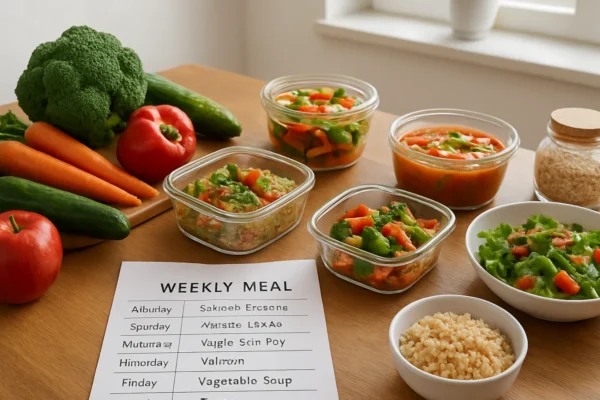 Planiranje zdravih obroka u kuhinji s tjednim jelovnikom i svježim namirnicama