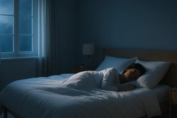 Mirna spavaća soba i osoba koja kvalitetno spava tijekom noći