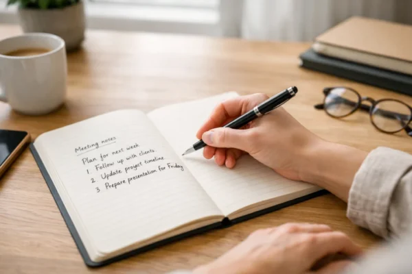 Osoba piše urednim rukopisom u bilježnicu, simbol jasnog i smirenog pisanja