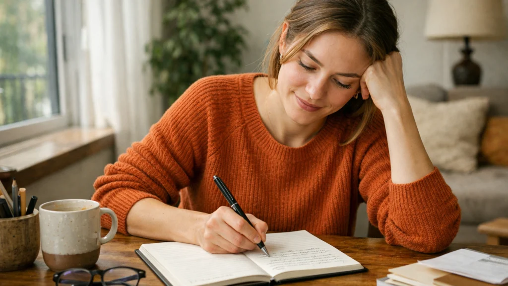 Osoba se suočava s izazovima i strpljivo vježba rukopis kod kuće
