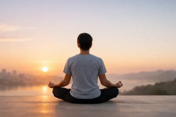 Osoba meditira u mirnom okruženju u zoru – početak meditacije i dosljedna praksa