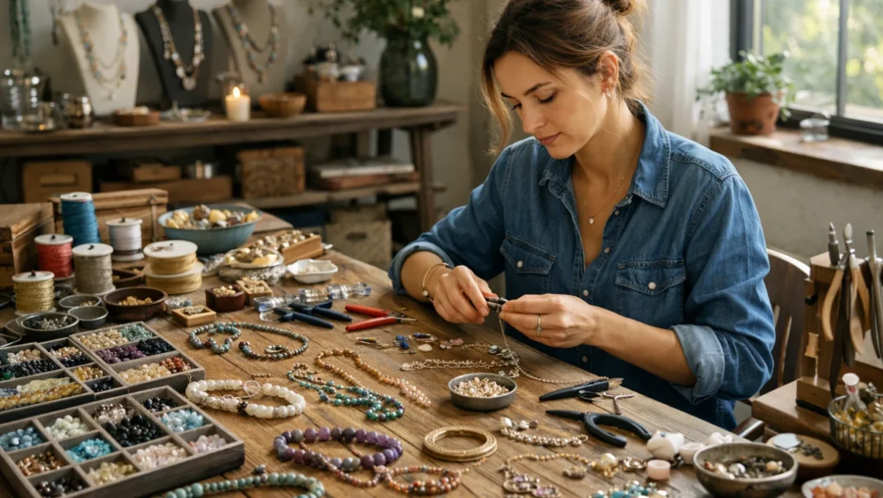 Radni prostor za izradu nakita s perlicama, žicom i alatima – početak izrade nakita