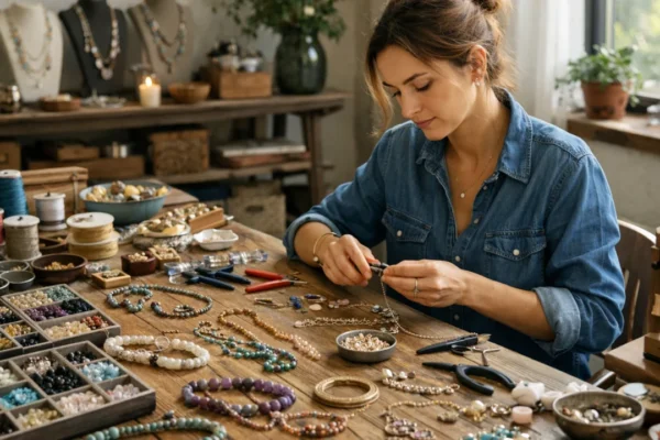 Radni prostor za izradu nakita s perlicama, žicom i alatima – početak izrade nakita