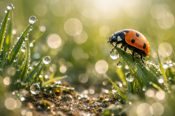 Makro fotografija prirode s kapima rose i sitnim kukcem koji izgleda monumentalno