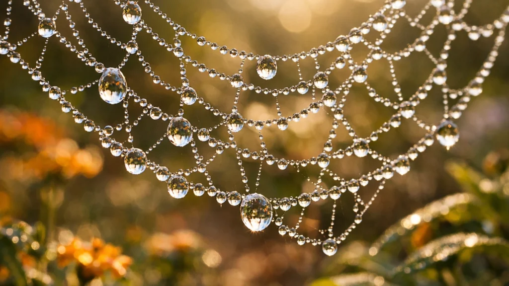 Makro fotografija paučine s kapima rose u jutarnjem svjetlu