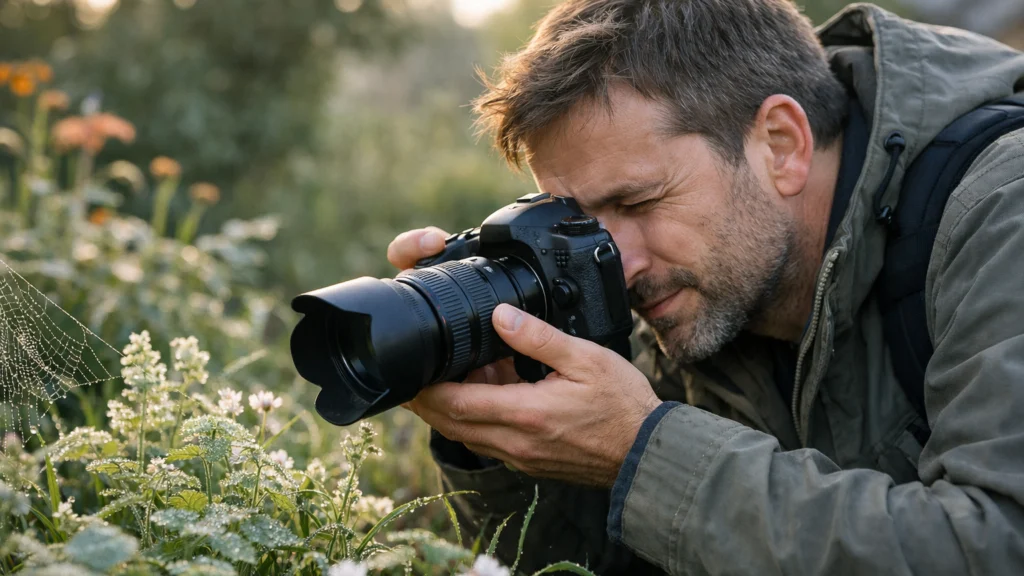 Amaterski fotograf snima makro fotografije u dvorištu u ranim jutarnjim satima
