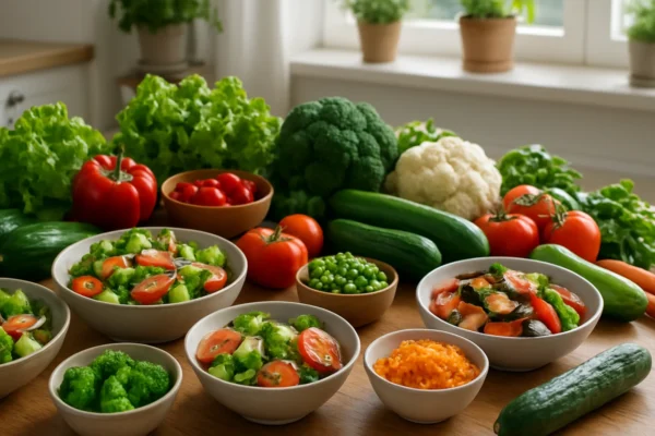 Raznovrsno svježe povrće pripremljeno za svakodnevne obroke na kuhinjskom stolu