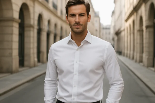 Muškarac u pravilno pristajajućoj bijeloj košulji u elegantnom urbanom okruženju