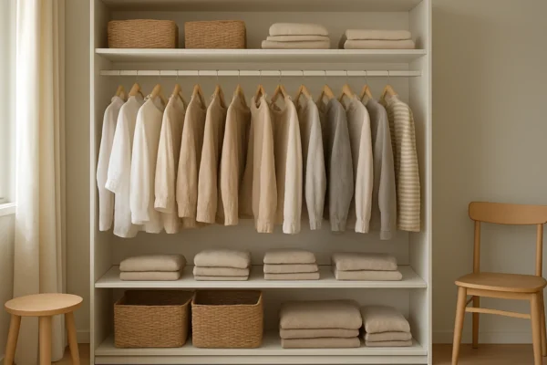 Pravilno održavana i organizirana odjeća u ormaru, uredno složeni komadi od prirodnih materijala