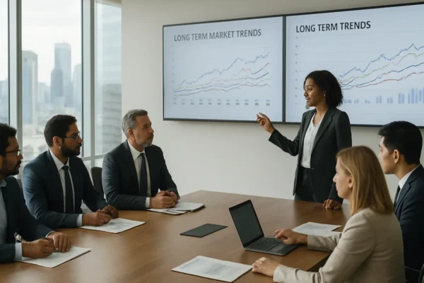 Poslovni tim analizira dugoročne trendove i tržišna kretanja u modernom uredu