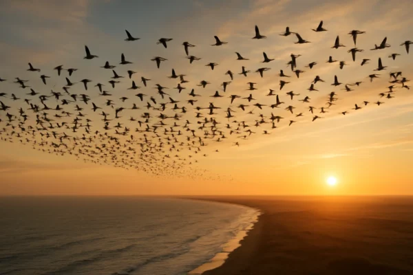 Migracija ptica u formaciji tijekom dugog putovanja preko mora i kopna