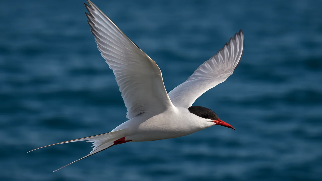 Arktička čigra u letu iznad oceana tijekom migracije