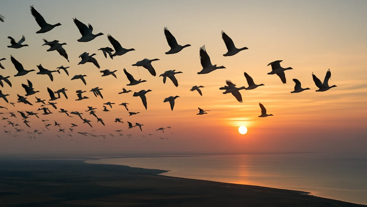Jato ptica selica u letu tijekom sezonske migracije preko mora i kopna