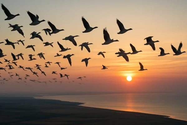 Jato ptica selica u letu tijekom sezonske migracije preko mora i kopna
