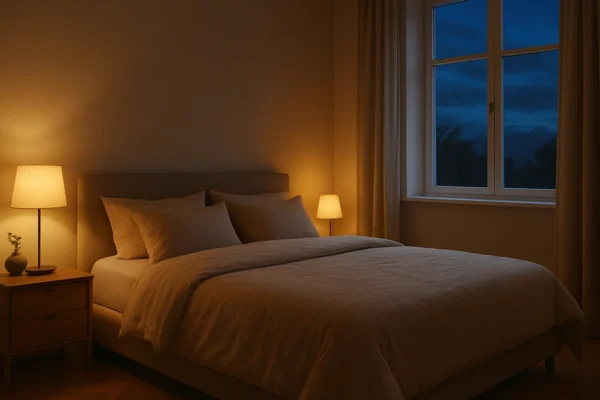 Mirna i ugodna spavaća soba koja simbolizira zdrave navike spavanja
