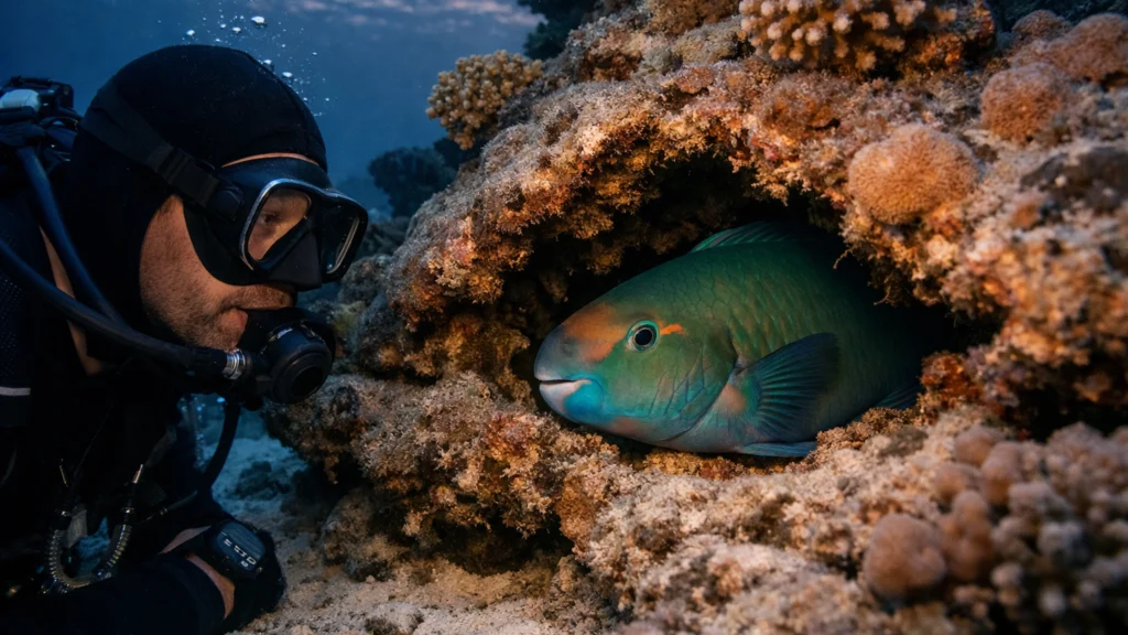 Biolog promatra papagajku koja miruje u koralju tijekom večeri