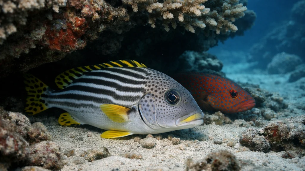 Ribe u stanju mirovanja s otvorenim očima među koraljima