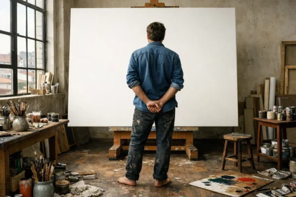 Umjetnik u ateljeu pred praznim platnom simbol umjetničkog bloka i novog početka