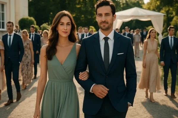 Elegantno odjeveni gosti dolaze na vjenčanje na otvorenom, primjer pravilnog odijevanja za svadbenu ceremoniju