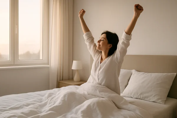 Osoba koja se budi odmorna ujutro u mirnoj spavaćoj sobi s prirodnim svjetlom