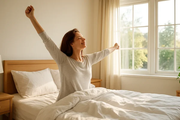 Osoba koja se budi puna energije ujutro u svijetloj spavaćoj sobi