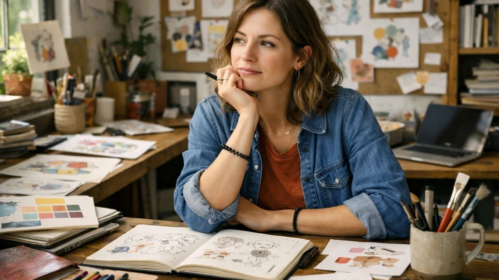 Grafička dizajnerica u svom studiju razmišlja o kreativnoj ideji