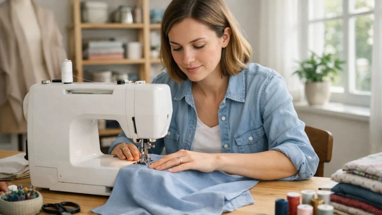 Početnik uči kako šivati na šivaćoj mašini u svijetlom kućnom prostoru