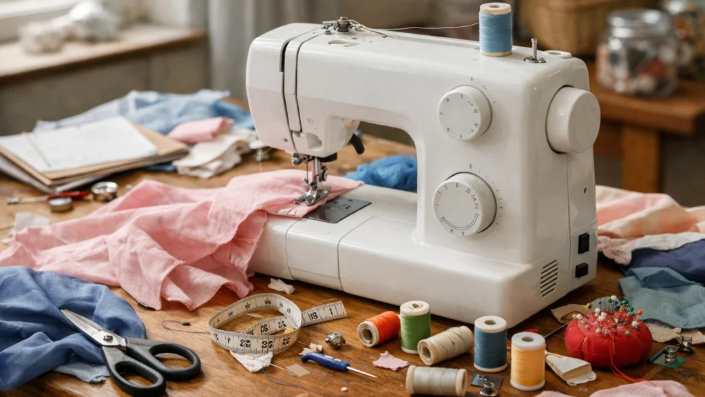 Šivaća mašina i pribor na stolu – početnički izazovi u šivanju