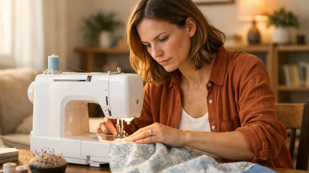 Majka u kućnom okruženju uči šivati na mašini tijekom slobodnog vremena