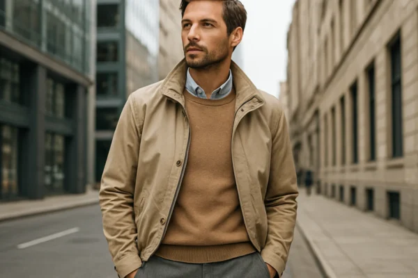 Prijelazna modna kombinacija za promjenjivo vrijeme u urbanom okruženju