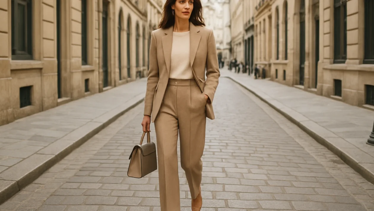 Ženstvena modna kombinacija u urbanom okruženju koja spaja eleganciju i suvremeni stil