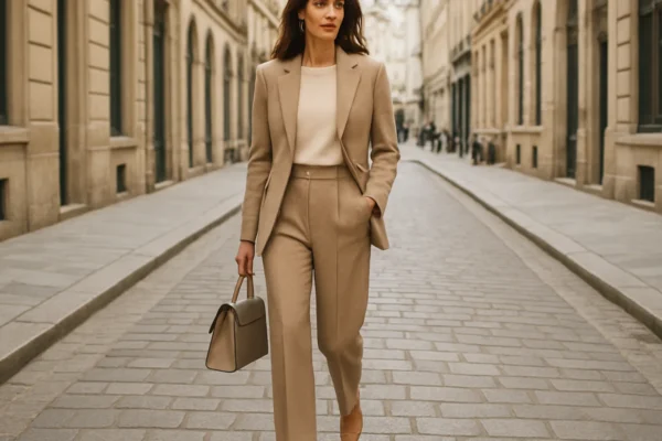 Ženstvena modna kombinacija u urbanom okruženju koja spaja eleganciju i suvremeni stil