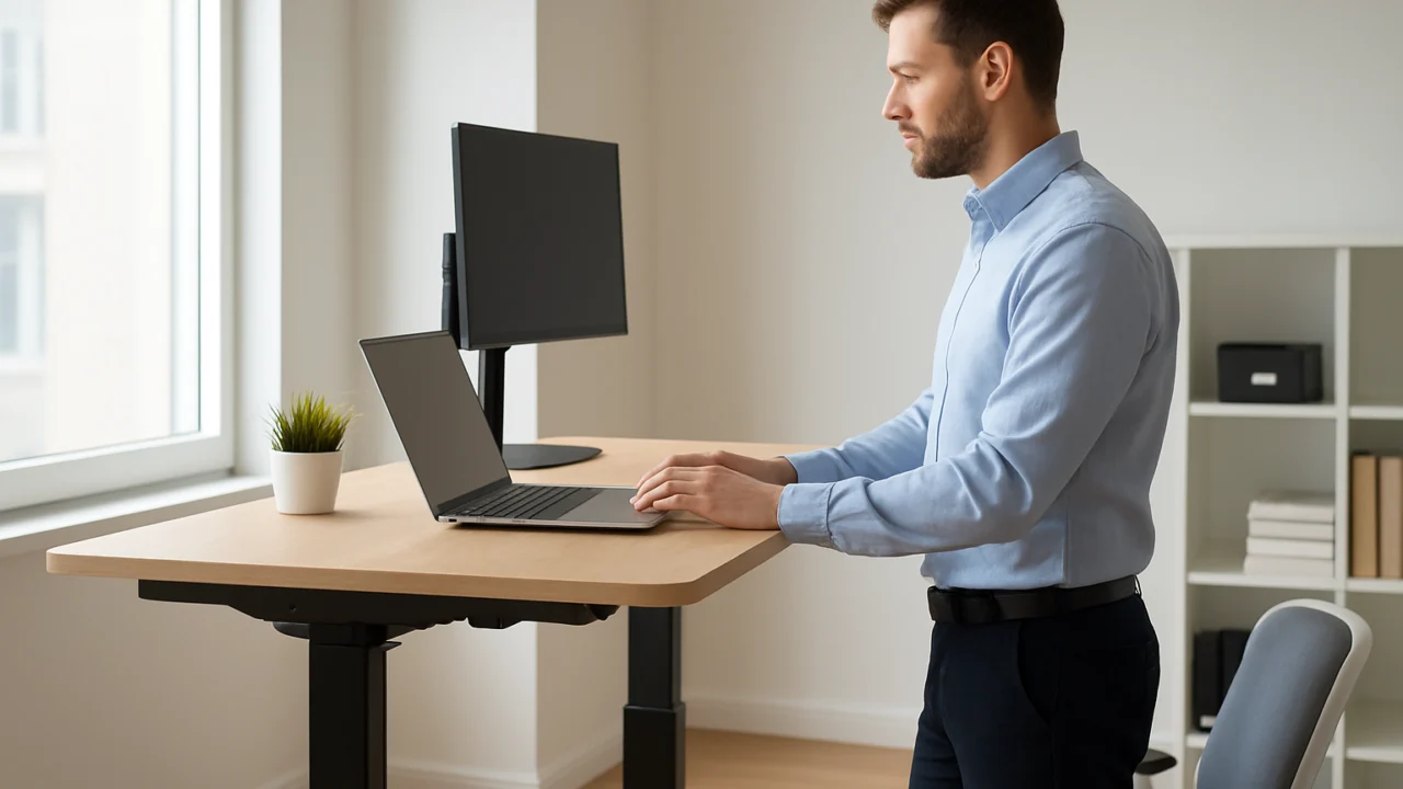 Rad za podesivim stolom koji omogućuje izmjenu sjedenja i stajanja