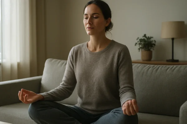 Mirna osoba u jutarnjem okruženju koja simbolizira smanjenje stresa svakodnevnim navikama