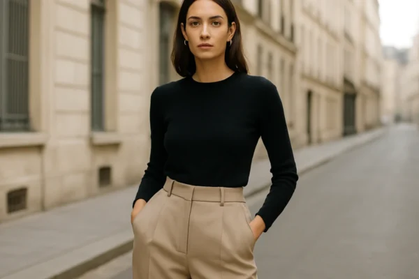 Žena u elegantno stiliziranim hlačama visokog struka u urbanom okruženju